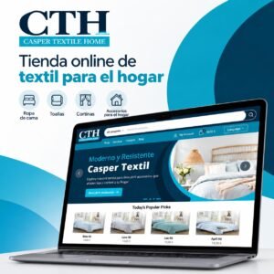 تصميم وتطوير متجر كاسبر تكستيل هوم (Casper Textil Home) الإسباني للمنسوجات والمستلزمات المنزلية بواسطة شركة بروتصميم، مع عرض واجهة المتجر الإلكتروني على جهاز لابتوب.