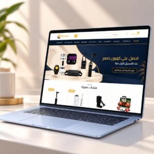 تصميم وتطوير متجر رفوف ستور الإلكتروني في الإمارات بواسطة شركة بروتصميم، واجهة المتجر معروضة على حاسوب محمول بتصميم عصري.